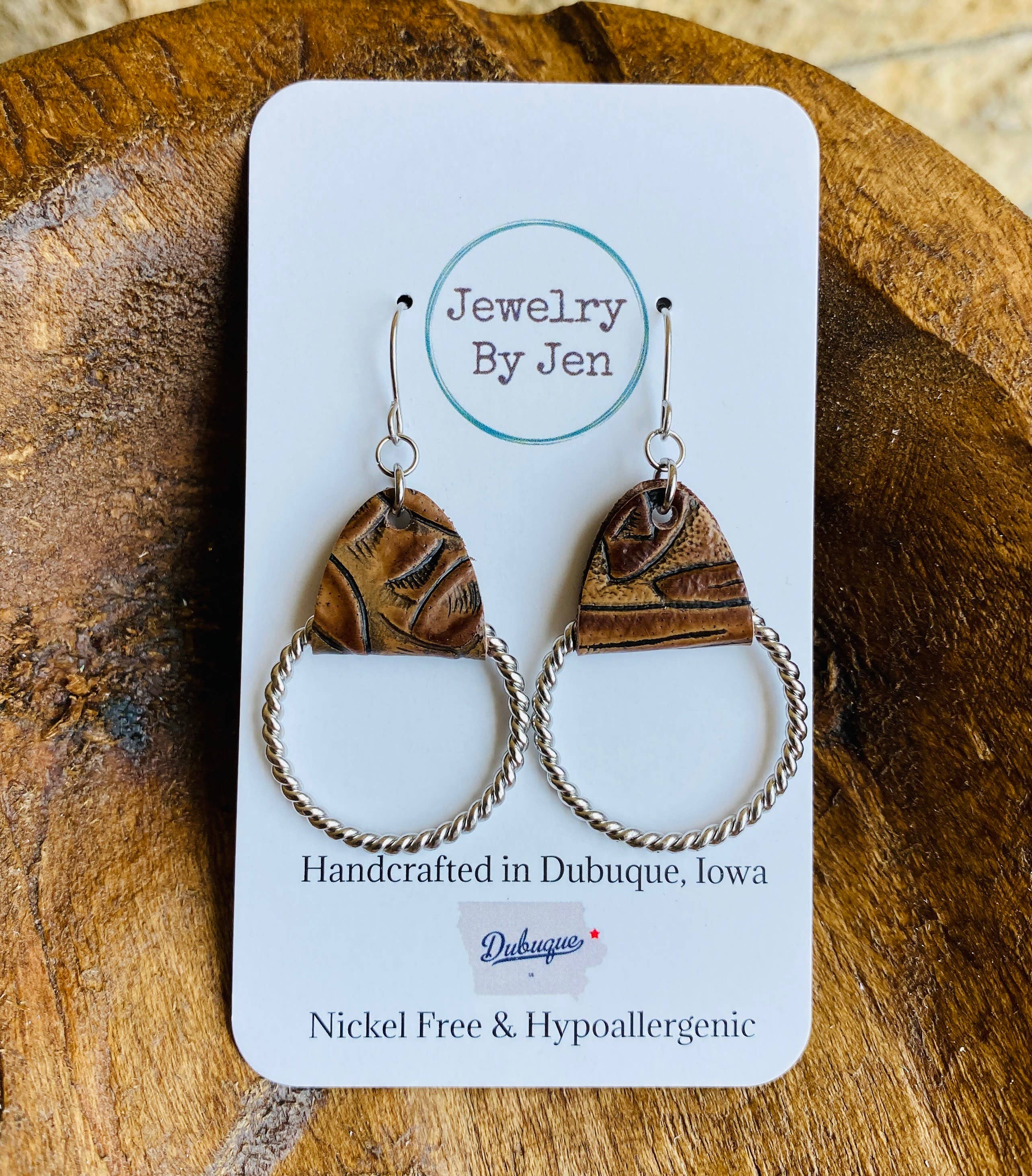 Tooled Brown Twisted Hoop Earrings