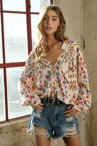 Maya Aztec Button Up Frayed Fringe Blouse