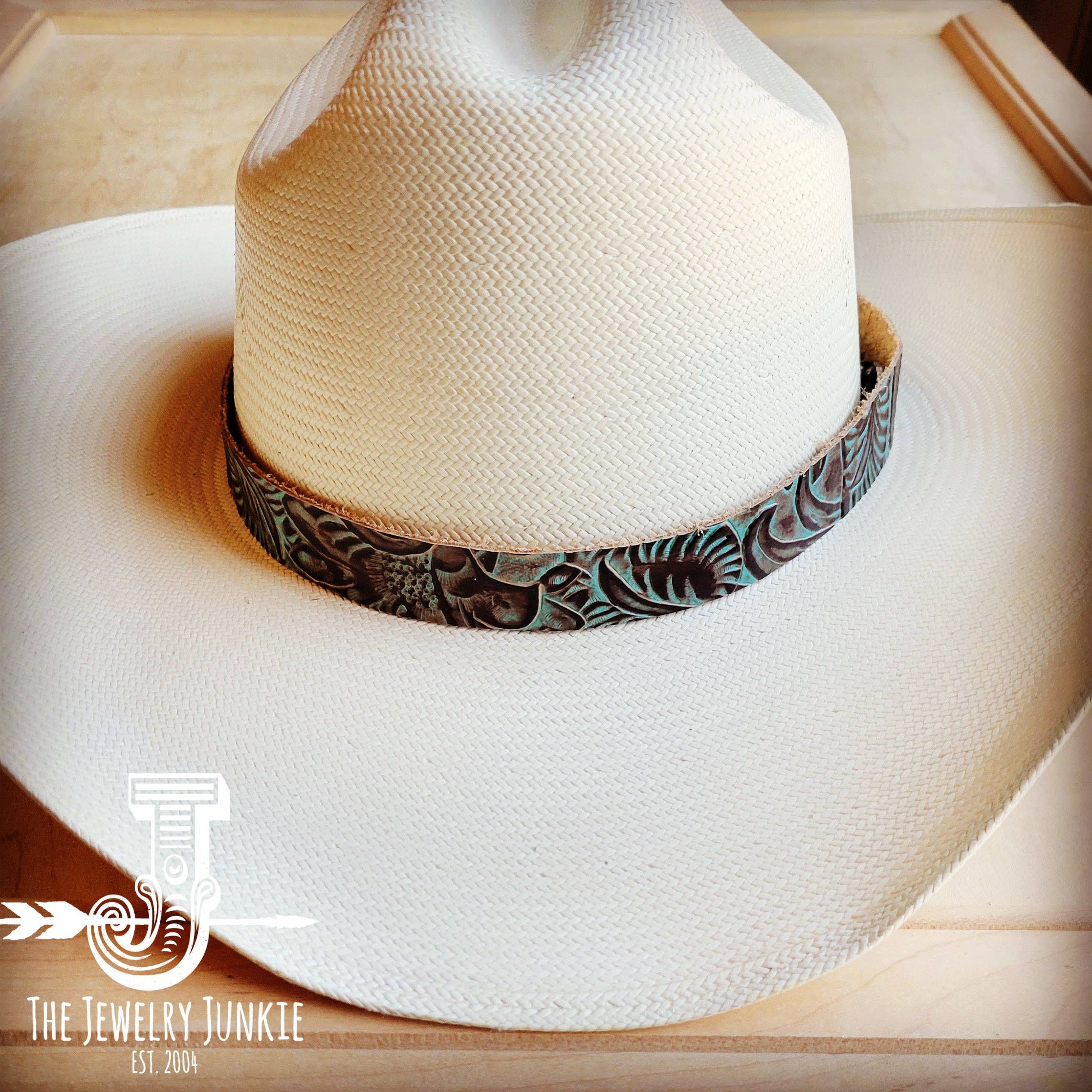 Brown Turquoise Floral Embossed Leather Hat Band 950u