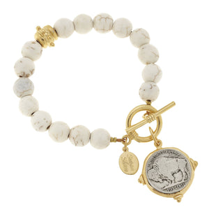 Gold and Silver Genuine Buffalo Nickel on White Turquoise Bracelet