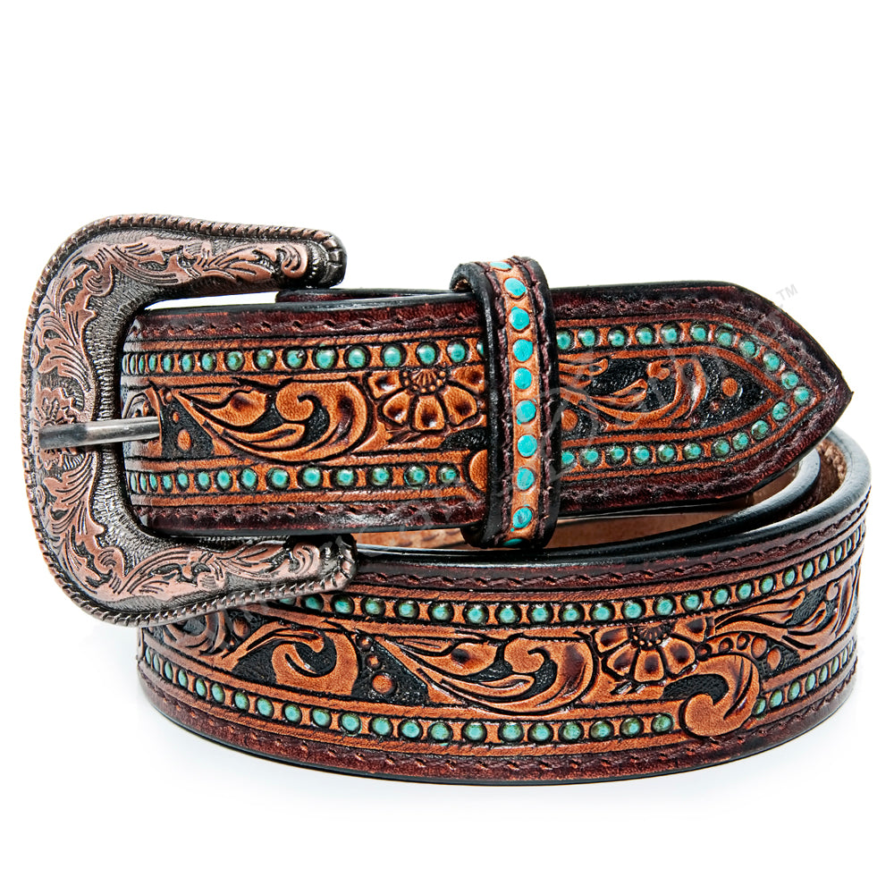 American Darling Floral Tooled Leather Belt With Turquoise