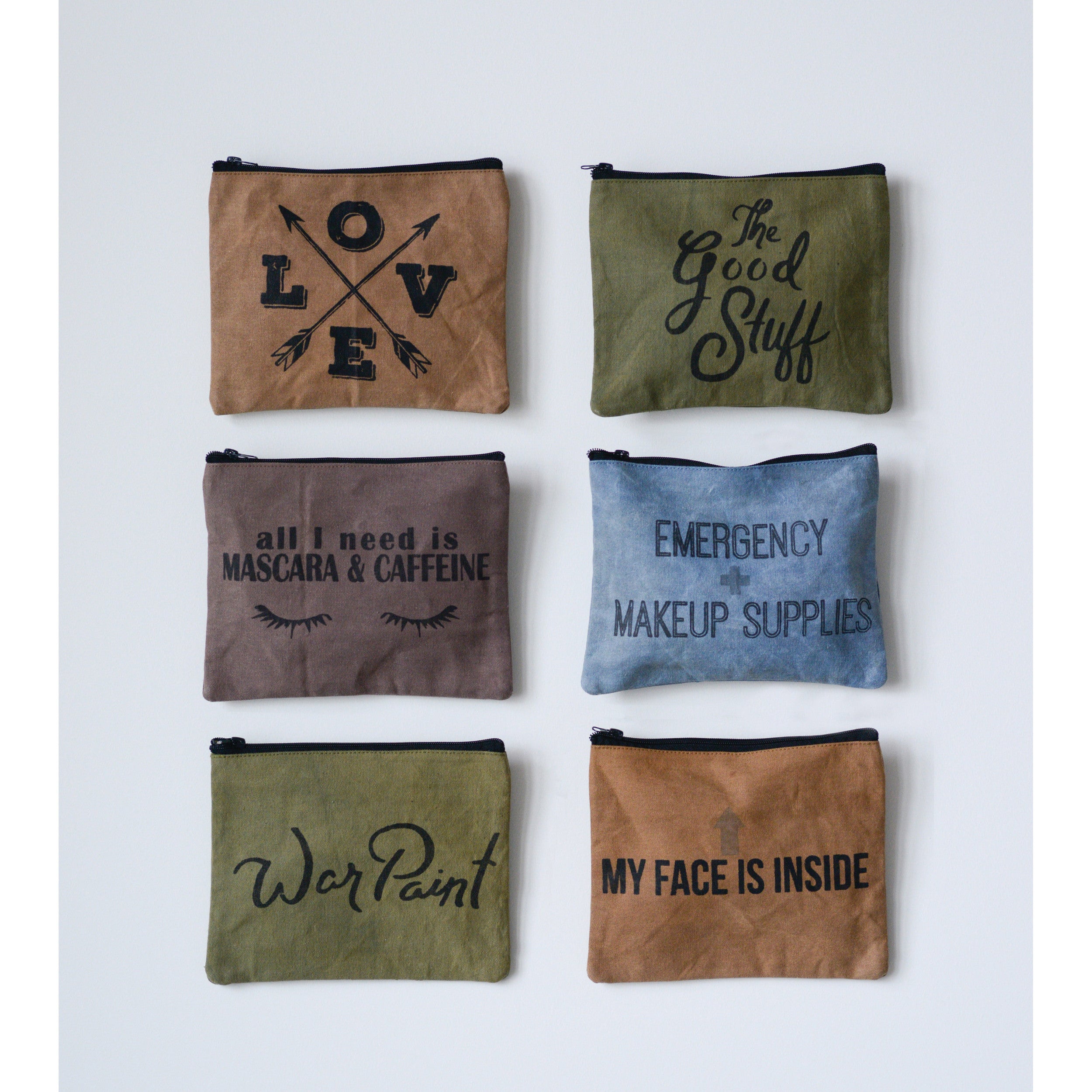 Distressed Canvas Zip Pouch with Sayings, 6 Styles
