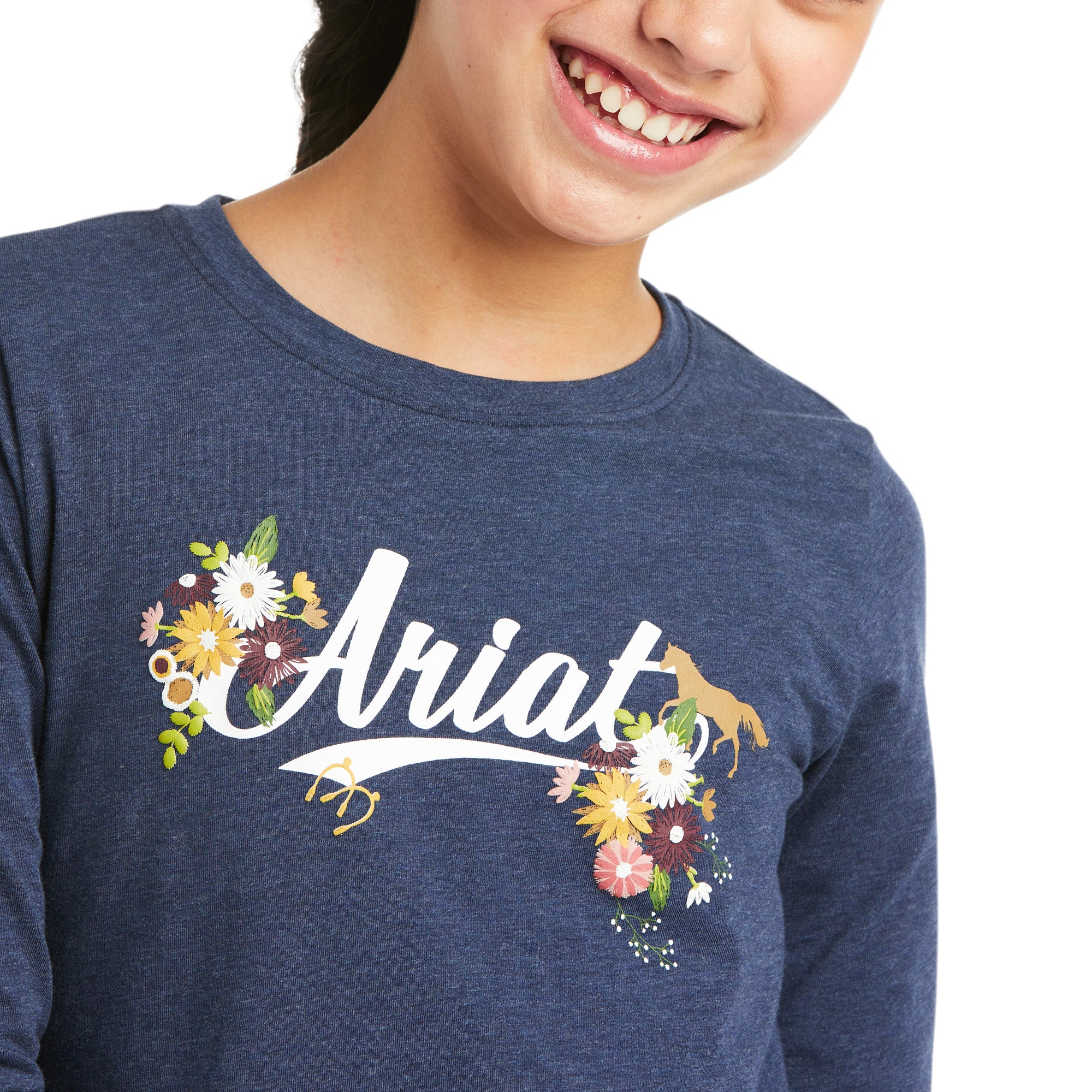 Ariat Girls Flora Fauna Logo Long Sleeve T-Shirt Navy Heather