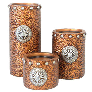 Faux Hammered Copper With Concho Pillar Candle Holder