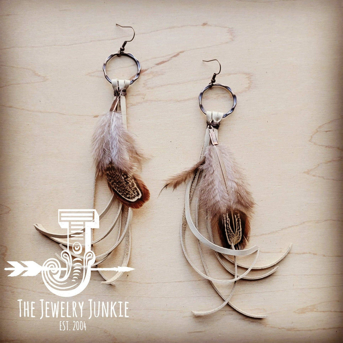 Boho Bone DeerSkin Leather Tassel Earring-Brown Feather 217r