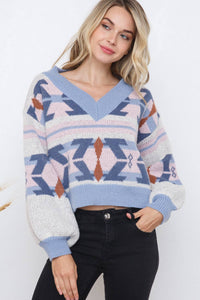 Soft Aztec V-Neck Crop Sweater Pullover