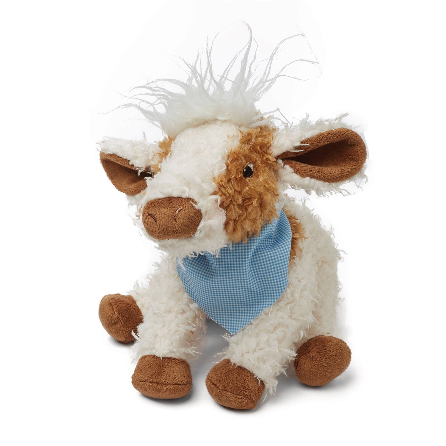 Plush cow stuffed animal with cream and brown shaggy fur, blue checked bandana, and soft velour details, farm animal toy