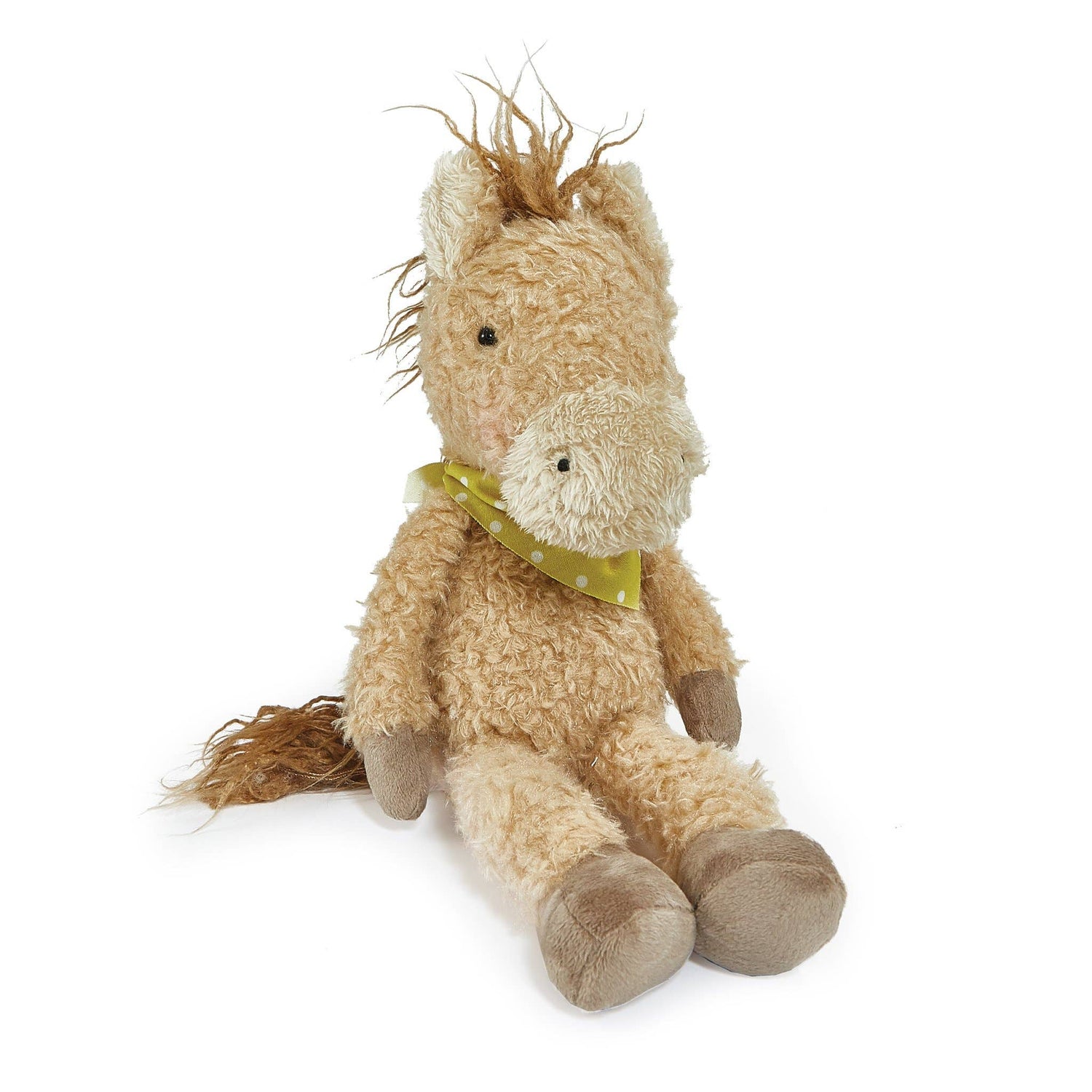 Plush horse stuffed animal with buckskin brown fur, cream muzzle, cocoa mane and tail, and bandana scarf, soft western toy